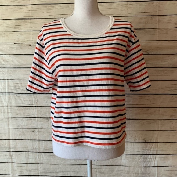 J. Crew Red, White, and Blue Striped Cropped T-Shirt - Picture 1 of 6